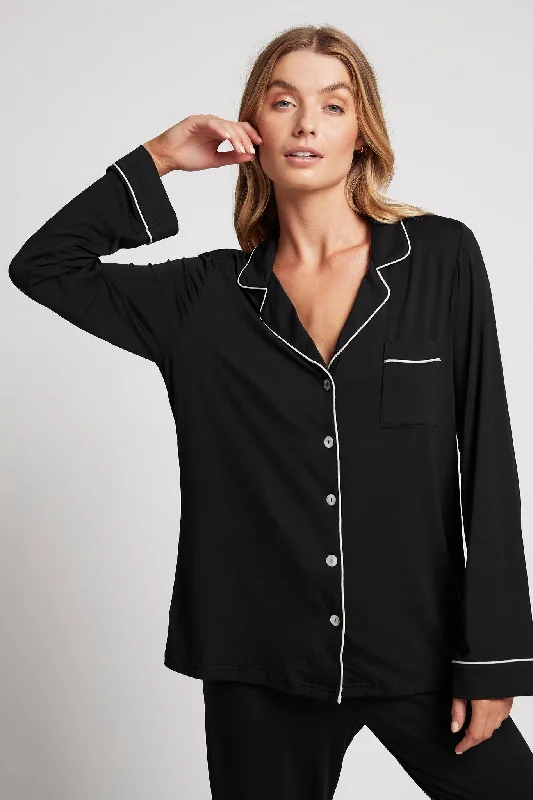 women's button-down pajama shirtsPetra Tencel™ Lounge Pyjama Set - Black with Blush Piping