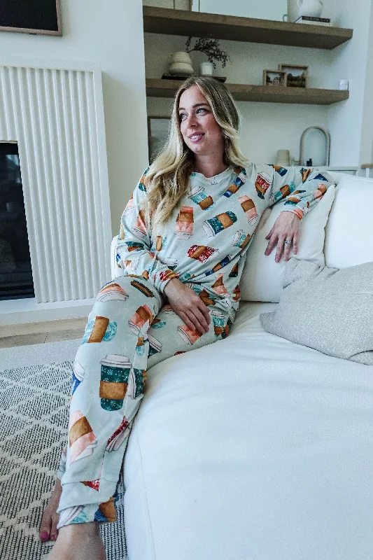 women's pajamas with a comfortable fit🥤 PJ Top/Jogger Velvety Velour Coffee Break 🥤