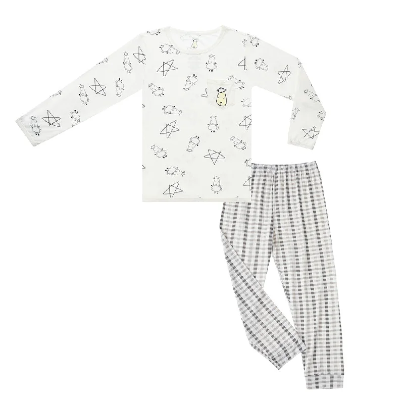 women's pajamas made from organic cottonPyjamas Set Cute Big Star & Sheepz White + Checkers Grey