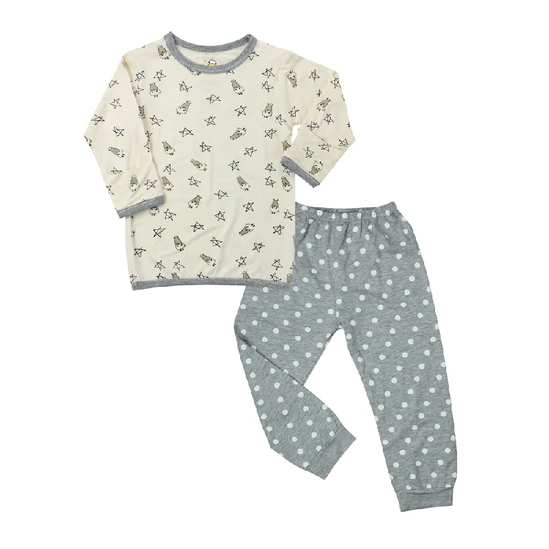 women's pajamas featuring floral embroideryPyjamas Set Small Star & Sheepz Yellow + Polka Dot Grey